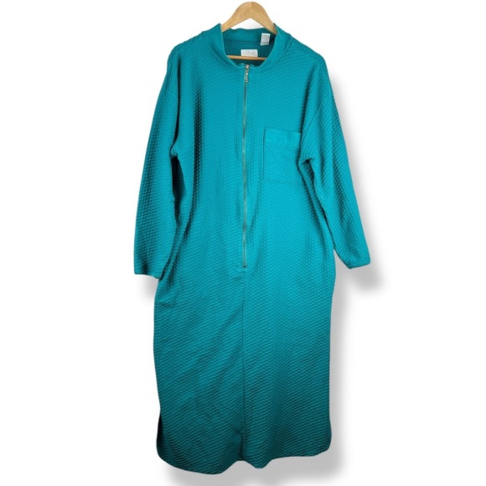 Go Softly Teal Textured Full Zip House‎ Dress Womens Size Large Mumu Pockets